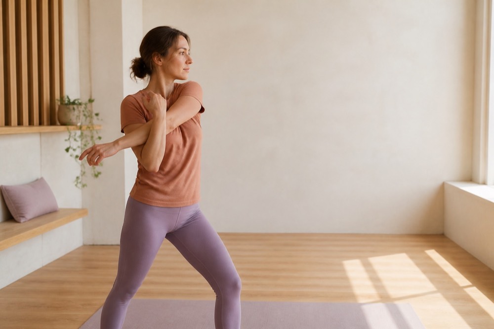 Person moving through a gentle stretch in a bright, neutral studio