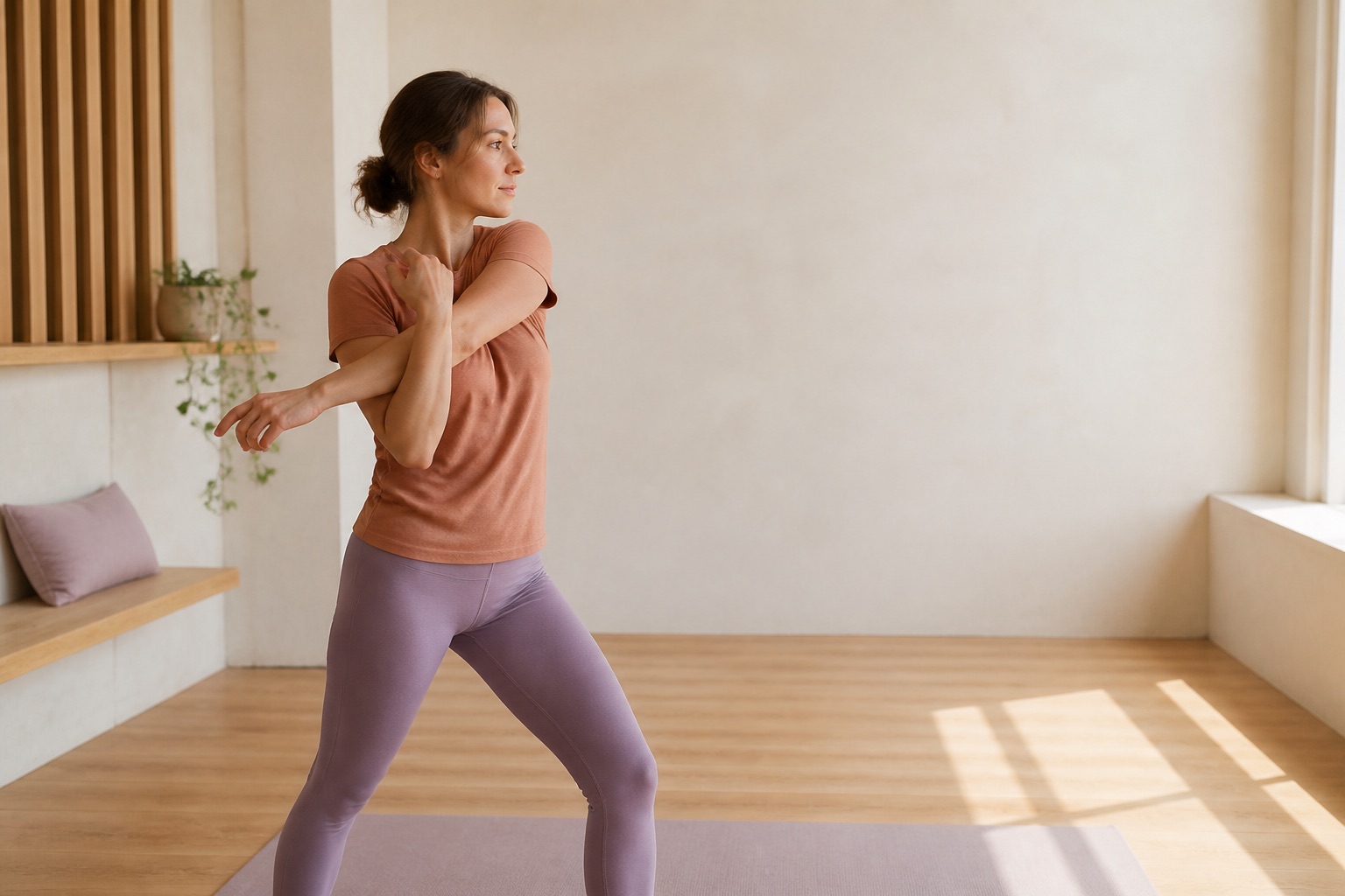 Person moving through a gentle stretch in a bright, neutral studio